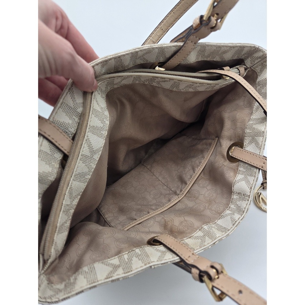 Michael Kors Jet Set Ivory Brown Crossgrain Leather MK Tote Shoulder Bag - Picture 12 of 12